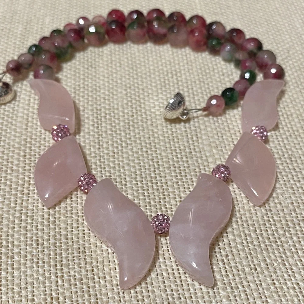 Elegant Artisan Natural Rose Quartz & Pomegranate Jade gemstone 17” Necklace